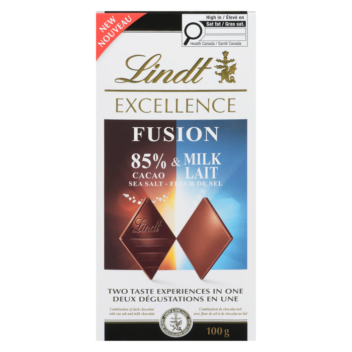 Barre de chocolat noir à 85 % de cacao au sel de mer et de chocolat au lait Fusion Lindt Excellence – 100 g