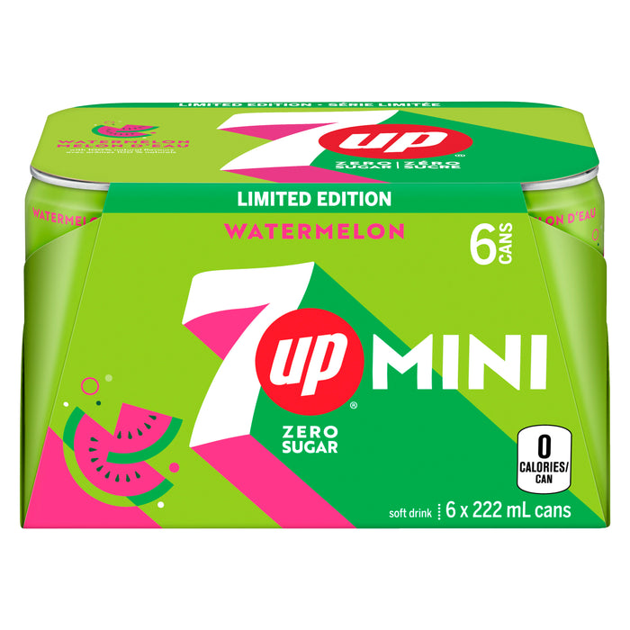 7UP Zero Sugar Watermelon Flavour Soda Mini Cans, 6-Pack, 222 ml