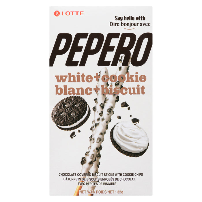 Lotte Pepero Chocolate Covered Biscuit Sticks with Cookie Chips White+Cookie, 32 g