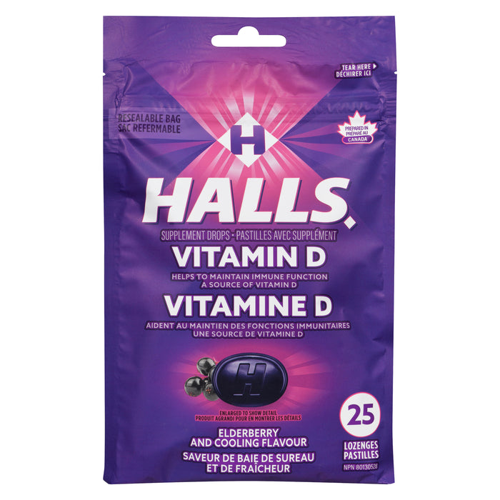 Halls Vitamin D Supplement Drops Elderberry & Cooling Flavour, 25-Pack