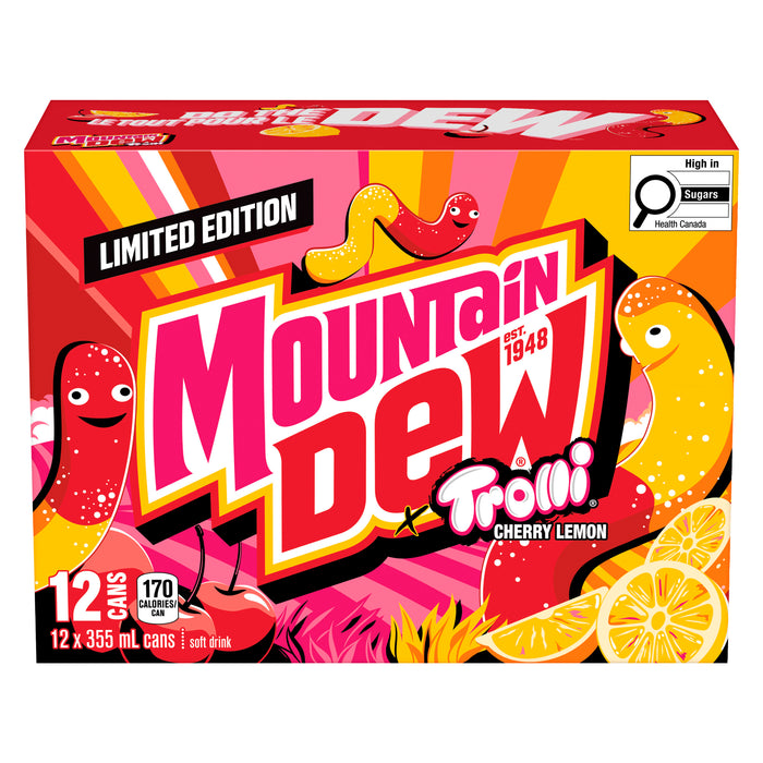 Boisson gazeuse Mountain Dew Citron et cerise noire, 355 ml, emb. de 12