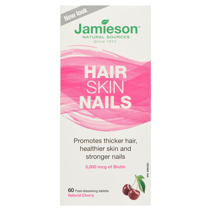 Biotine Cheveux, peau et ongles, 5 000 mcg, saveur naturelle de cerise Jamieson, 60 comprimés