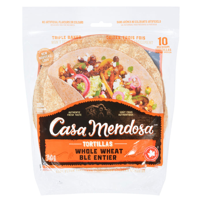 Tortillas souples de farine de blé entier cuites trois fois format moyen Casa Mendosa, emb. de 10 - 340 g