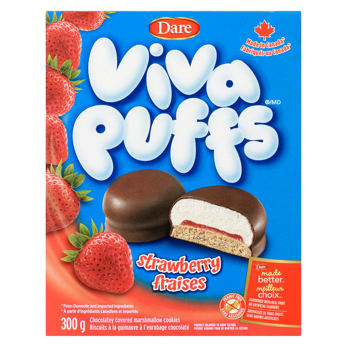 Viva Puffs Biscuits à la Guimauve à l'Enrobage Chocolaté Fraises, 300 g