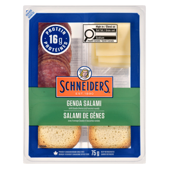 Salami de Gênes salé à sec avec fromage Gouda et biscottes rondes Schneiders – 75 g