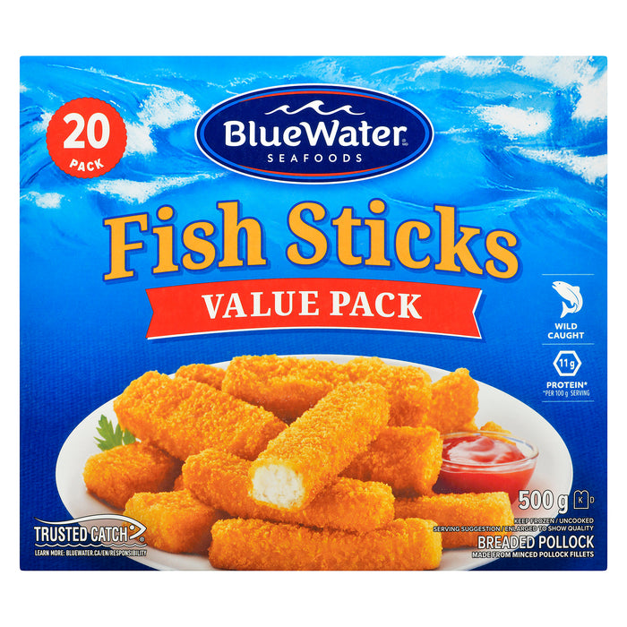 BlueWater Seafoods Value Pack Breaded Fish Sticks, 20-Pack, 500-g