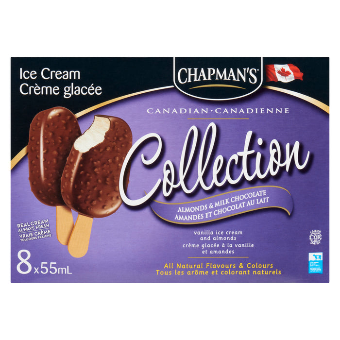 Barres de crème glacée amandes et chocolat au lait collection canadienne Chapman's, 55 ml – emb. de 8