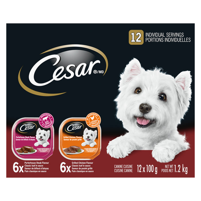 CESAR Adult Wet Dog Food Classic Loaf in Sauce, Grilled Chicken & Porterhouse Steak, 12-Pack, 100 g