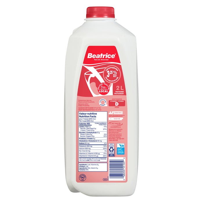 Lait homogénéisé Beatrice, 3,25 % M. G., 2 L