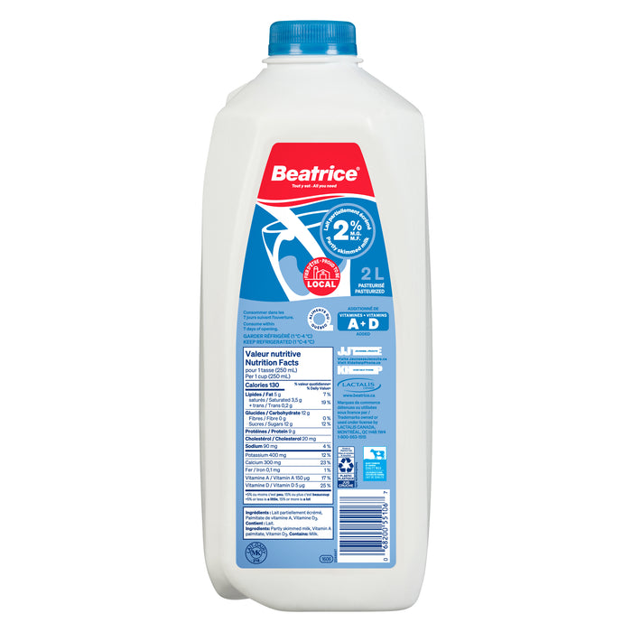 Lait partiellement écrémé Beatrice, 2 % M. G., 2 L