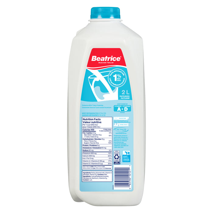 Lait partiellement écrémé Beatrice, 1 % M. G., 2 L
