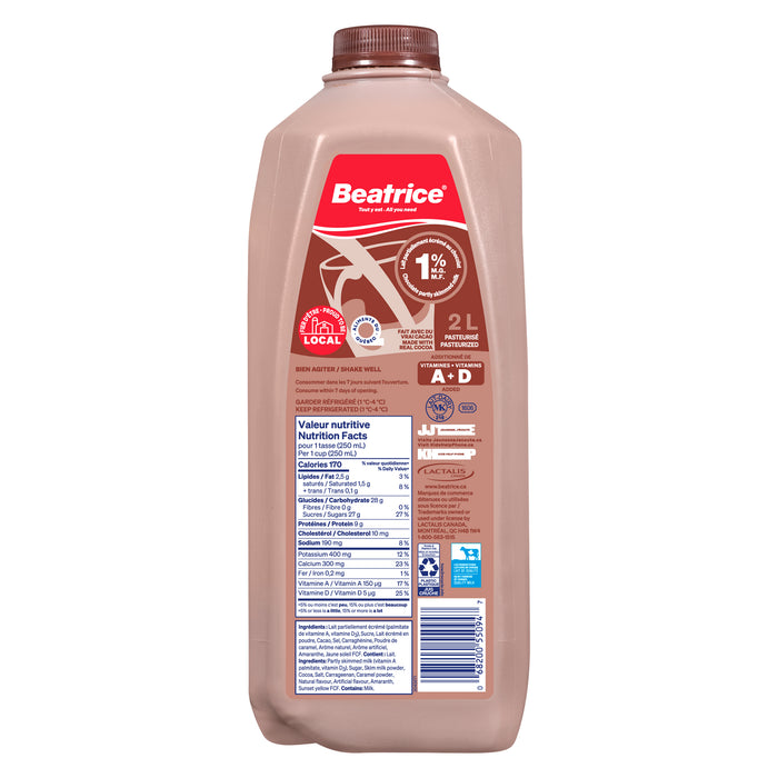 Lait au chocolat partiellement écrémé Beatrice, 1 % M. G., 2 L