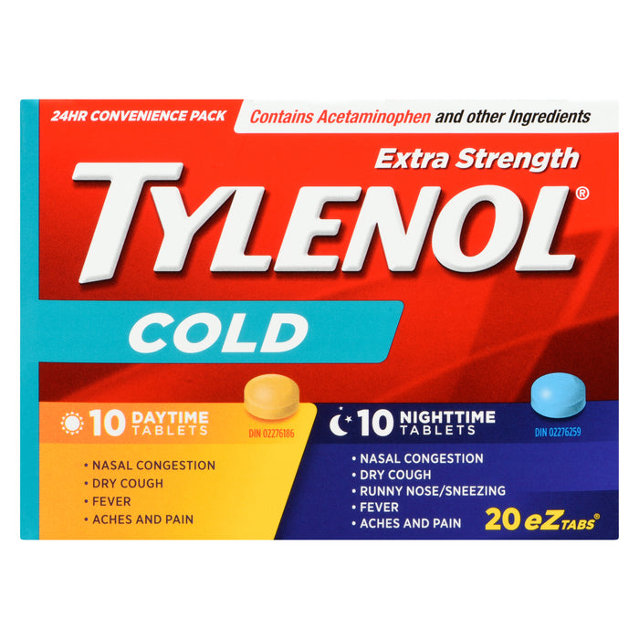 Tylenol Rhume Extra Fort Duo Pratique 24 Heures Comprimés FaciliT, Emballage de 20