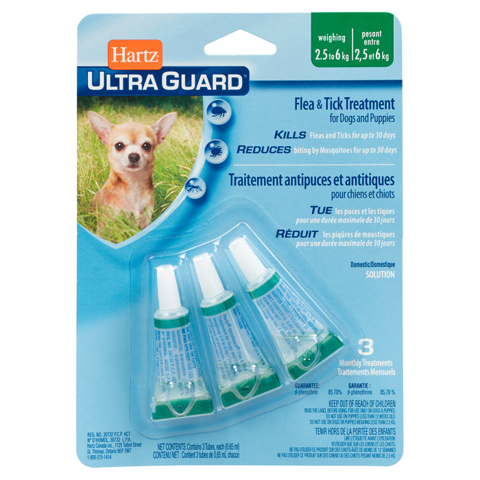 Traitement contre les puces et les tiques pour les chiens et les chiots Hartz UltraGuard, pour chiens de 2,5 kg à 6 kg, emb. de 3