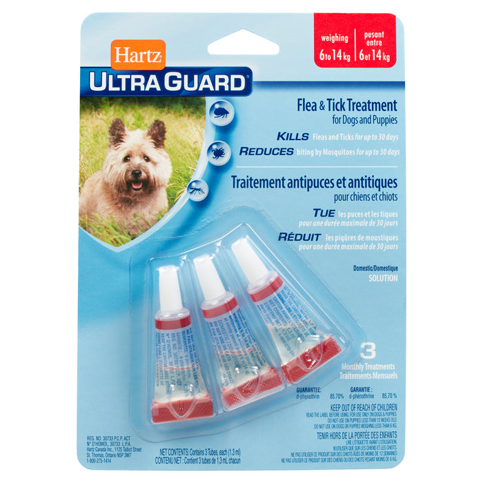Traitement contre les puces et les tiques pour les chiens et les chiots Hartz UltraGuard, pour chiens de 6 kg à 14 kg, emb. de 3
