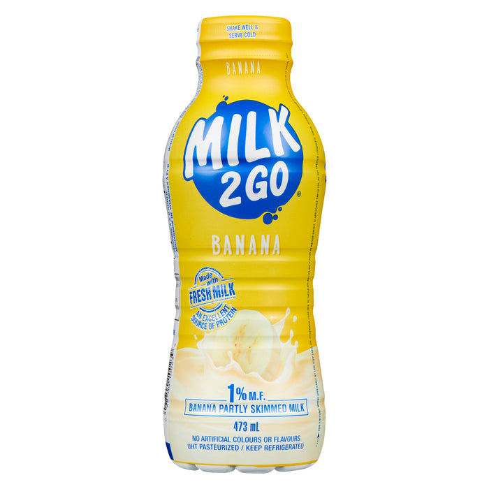 Milk 2 Go Banana Partly Skimmed Milk 1% M.F., 473 ml