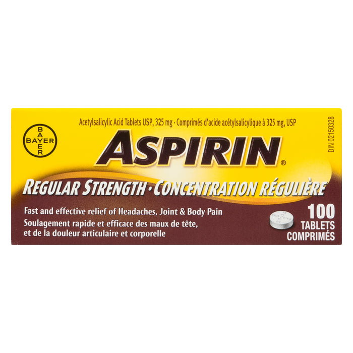Comprimés d'acide acétylsalicylique concentration régulière Aspirin, 325 mg - 100 comprimés