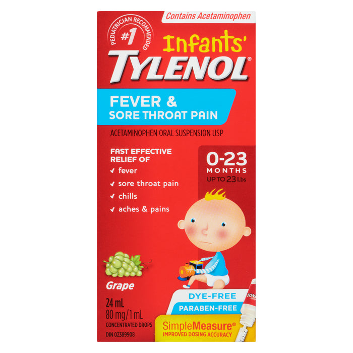 Tylenol Infants' Concentrated Drops Fever & Sore Throat Pain 80-mg/1-ml Grape, 24-ml
