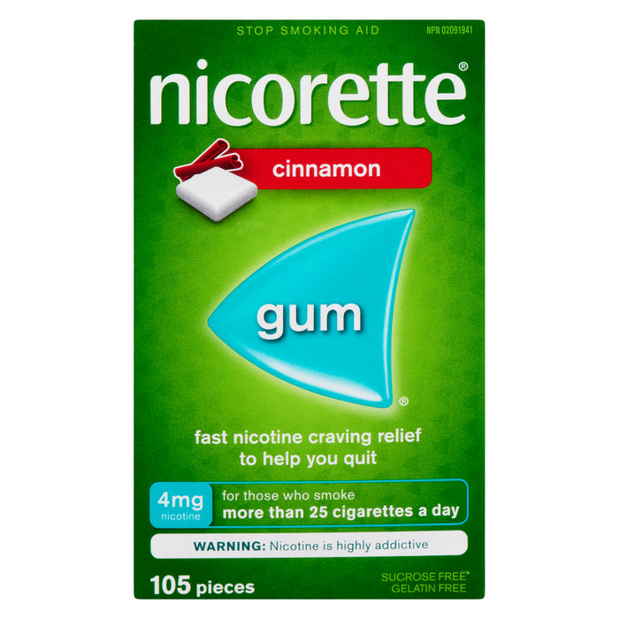 Nicorette Gomme de Polacrilex de Nicotine USP Cannelle 4 mg, 105 Pièces