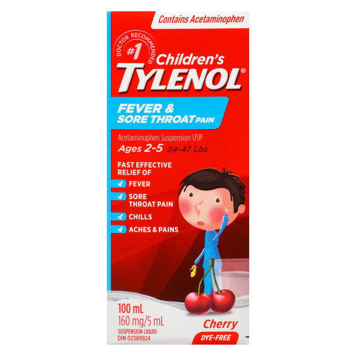 Tylenol Children's Suspension Liquid Fever & Sore Throat Pain Cherry, 100-ml