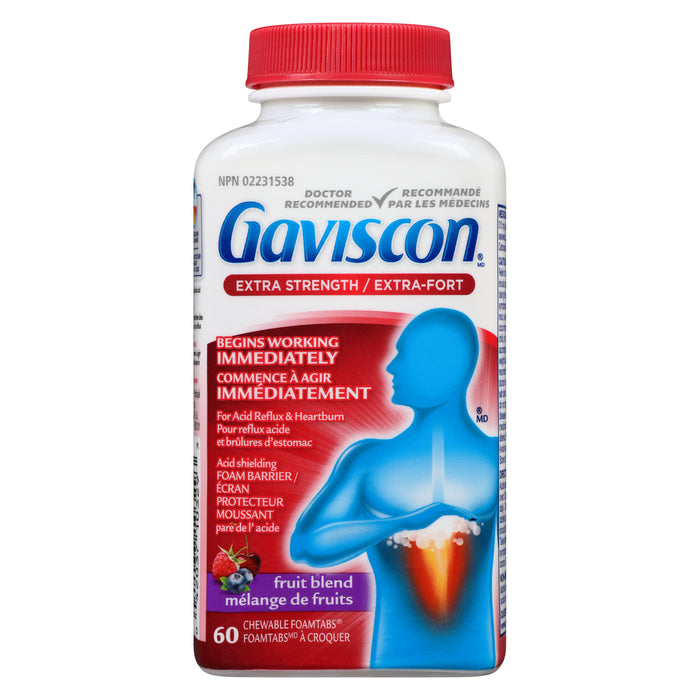 Gaviscon Extra-Fort écran Protecteur Moussant Pare l'Acide Mélange de Fruits Foamtabs à Croquer, Emballage de 60