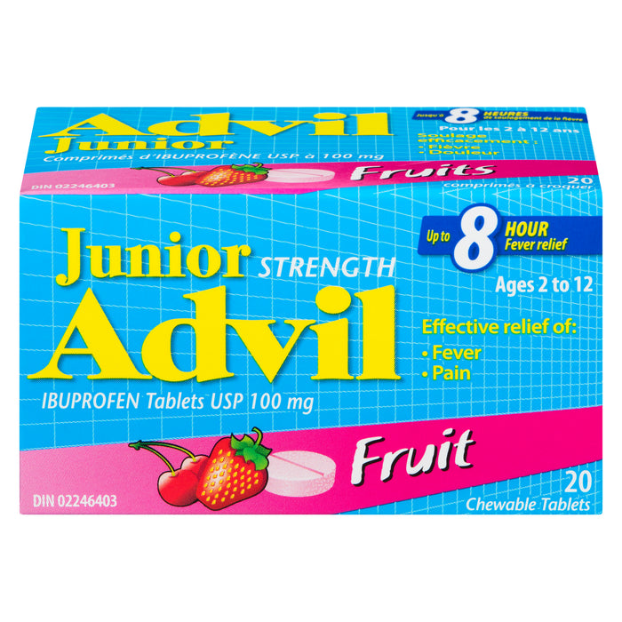 Advil Junior Comprimés d'Ibuprofène à 100 mg, USP Fruits Comprimés à Croquer, Emballage de 20