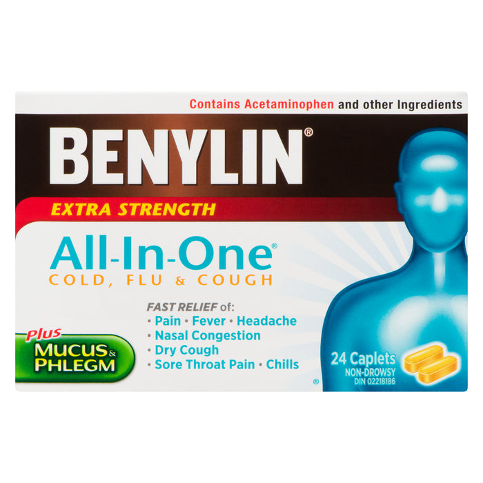 Benylin Tout-En-Un Rhume, Grippe et Toux Extra-Puissant Caplets, Emballage de 24