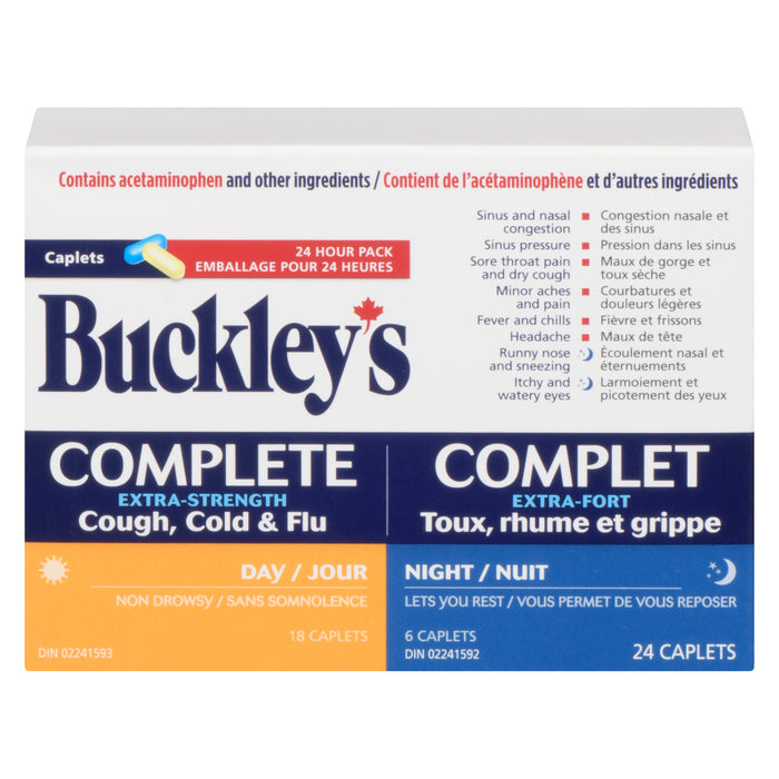 Buckley Complet Toux, Rhume et Grippe Extra-Fort 24 Heures Emballage Pratique Caplets, emb. de 24