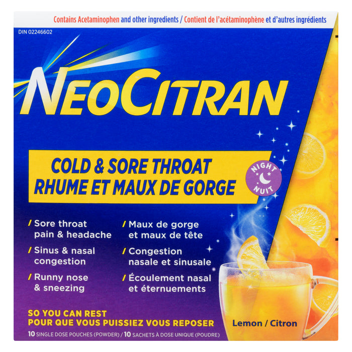 Neocitran Night Cold & Sore Throat Powder, Lemon, 10-Pack
