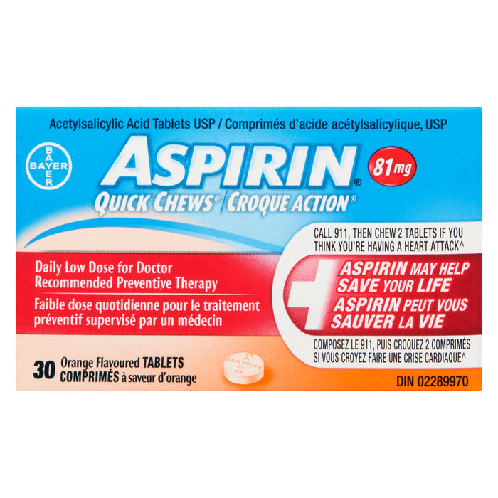 Aspirin Quick Chews Orange Flavour 81-mg Tablets, 30-Pack