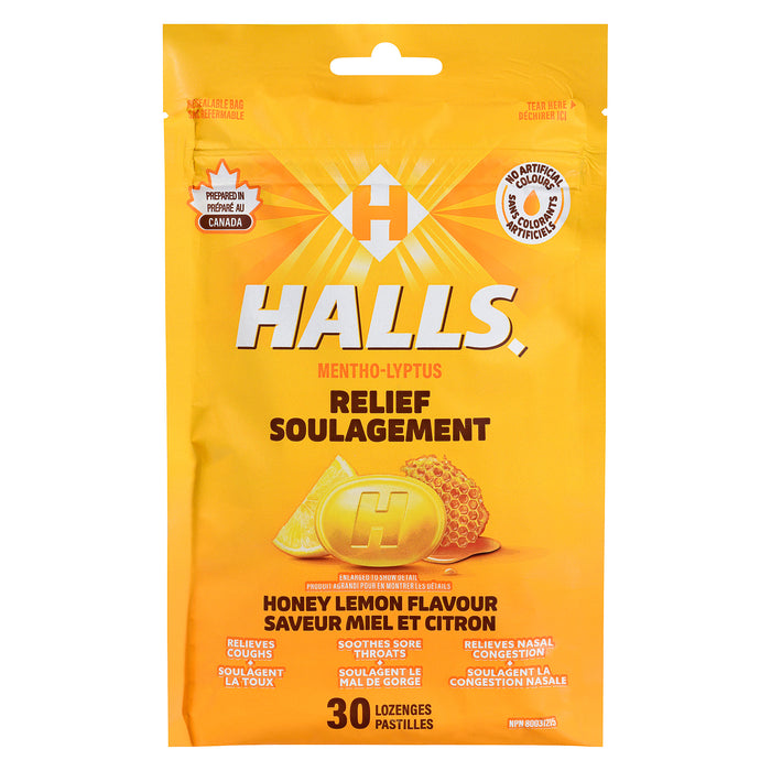Halls Honey Lemon Mentho-Lyptus Relief Lozenges - 30pk.