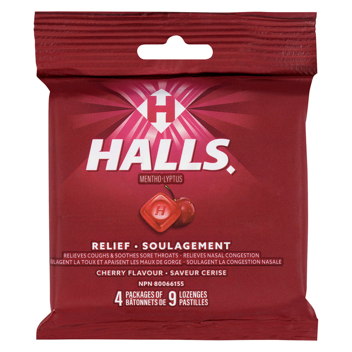 Halls Relief Lozenges Mentho-Lyptus Cherry Flavour, 4 Packages of 9 Lozenges