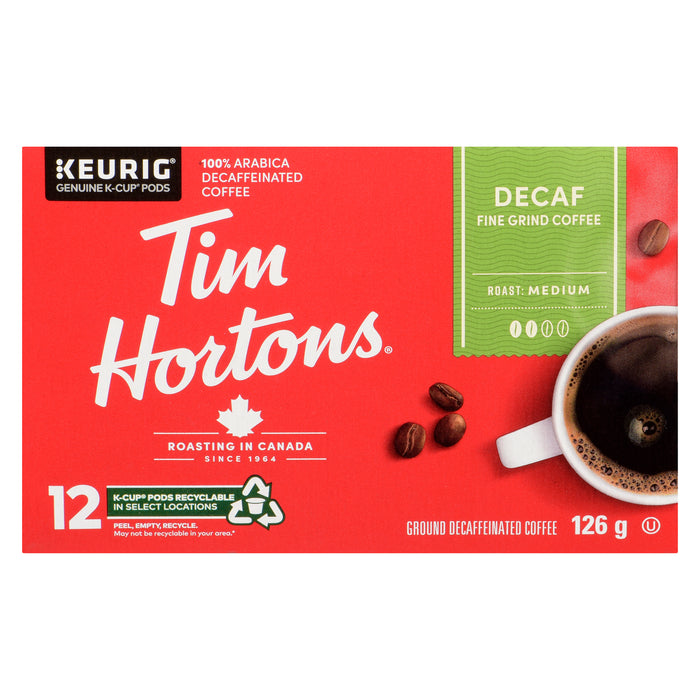 Emballage de 12 dosettes recyclables K-cups de café décaféiné finement moulu de torréfaction moyenne Tim Hortons - 126 g