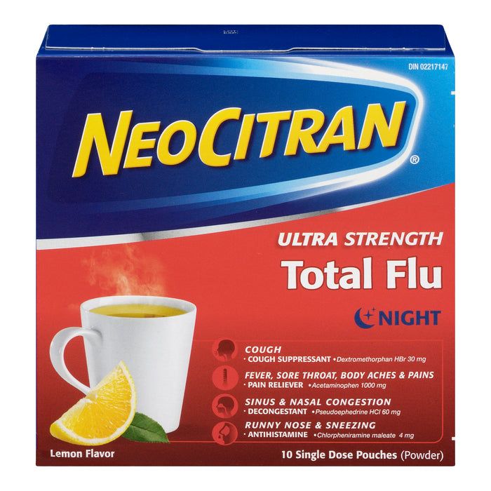 NeoCitran Total Flu Powder Ultra Strength Night Lemon, 10-Pack