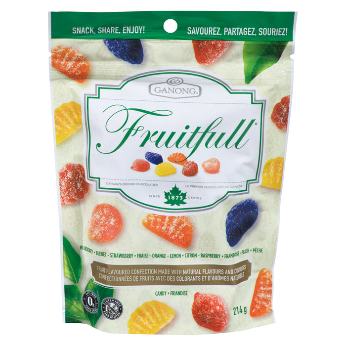 Ganong Fruitfull Friandise Bleuet, Fraise, Orange, Citron, Framboise, Pêche, 214 g