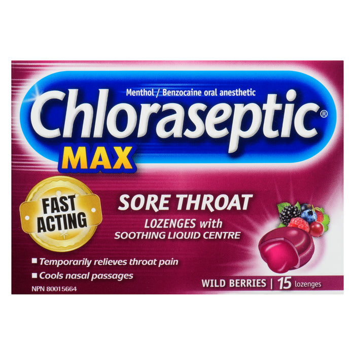 Chloraseptic Sore Throat Lozenges with Soothing Liquid Centre Max Wild Berries, 15-Pack
