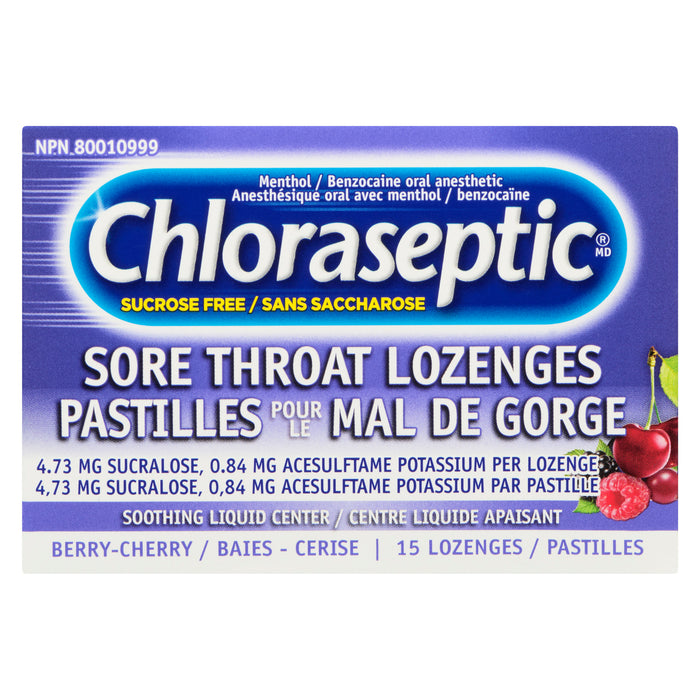 Chloraseptic Pastilles pour le Mal de Gorge avec Centre Liquid Apaisant Sans Saccharose Baies Cerise Pastilles, 15 Pièces