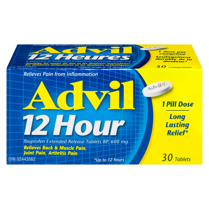 Advil 12 Heures Comprimés d'Ibuprofène à Libération Prolongée à 600 mg, BP - 30 Comprimés