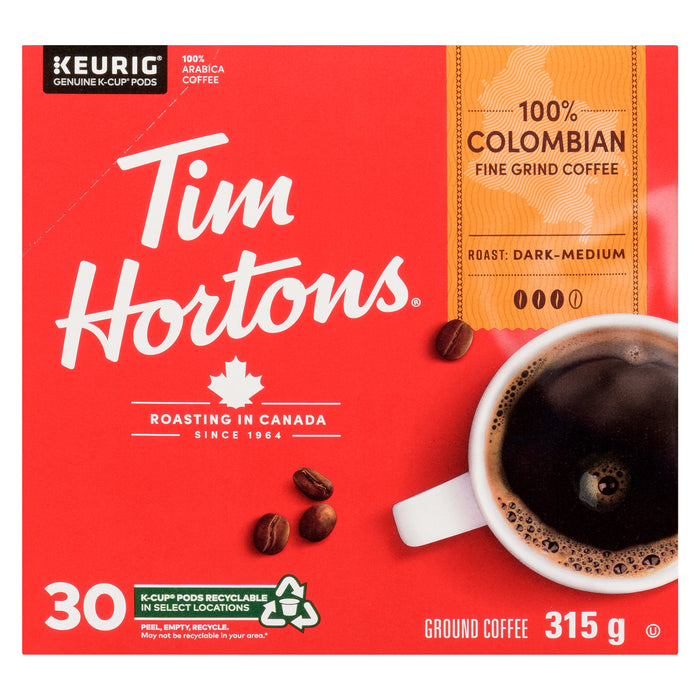 Tim Hortons Fine Grind Coffee 100% Colombian Roast: Dark Medium Recyclable K-Cup Pods, 30-Pack, 315-g