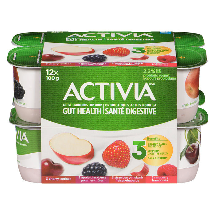 Activia Probiotic Yogurt Apple Blackberry, Raspberry, Cherry, Strawberry Rhubarb Flavours, 12-Pack