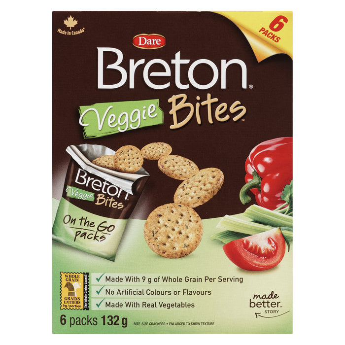 Breton Bites Bite-Size Crackers Veggie On The Go Packs, 6-Pack, 132 g