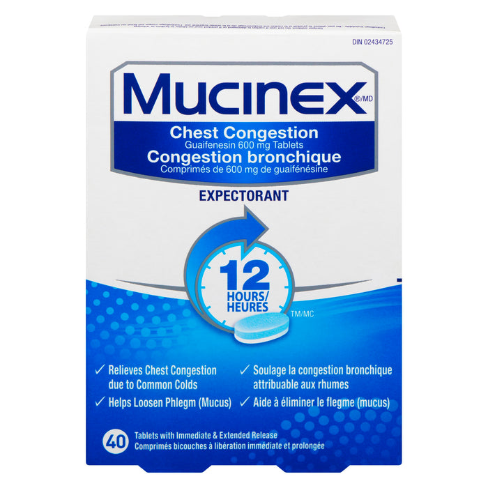Mucinex Expectorant 12 Hours Guaifenesin Tablets, 40-Pack, 600-mg