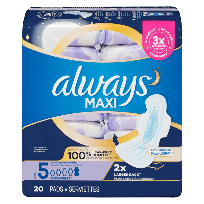 Always Maxi Size Extra Heavy Overnight Pads with Wings - 20pk.