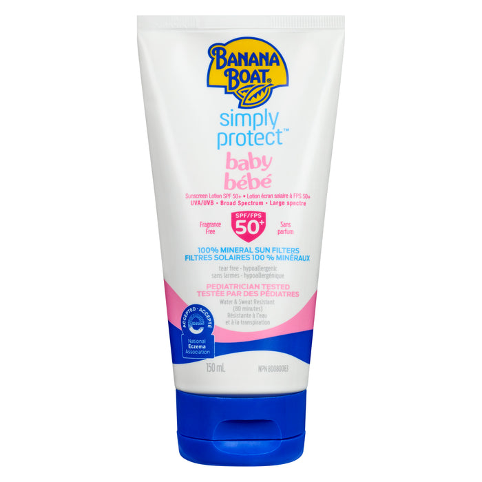 Lotion écran solaire Banana Boat Baby Mineral Simply Protect pour bébés FPS 50+ - 150 g