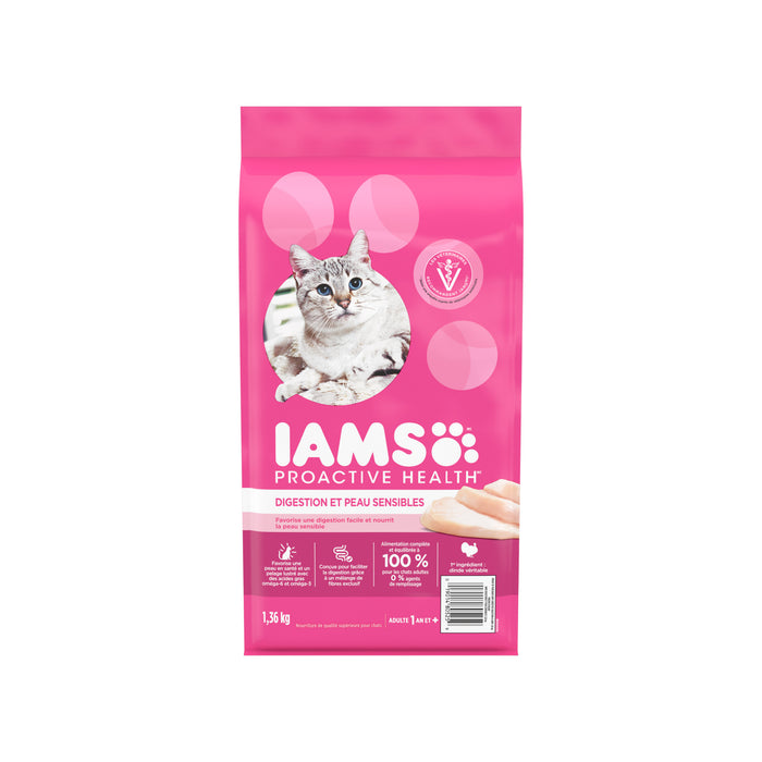 Nourriture sèche pour chats adultes IAMS PROACTIVE HEALTH Digestion et peau sensibles avec dinde, sac de 1,36 kg