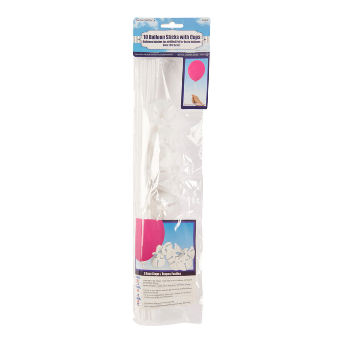 Balloon Sticks and Cups, White, 10-Pack