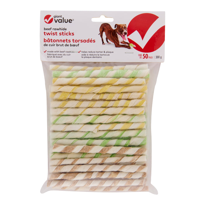 Giant Value Rawhide Twist Sticks, 50-Pack