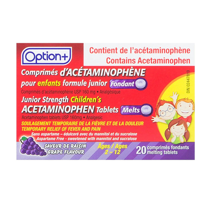 Comprimés d'acétaminophène fondants pour enfants Option+, 20 comprimés