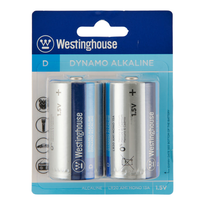 Westinghouse D-Type Dynamo Alkaline Batteries, 2 Pack