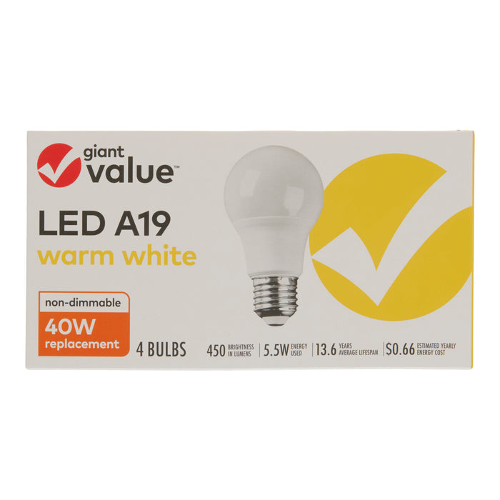 Ampoules A19 à DEL de 40 watts Giant Value, blanc chaud